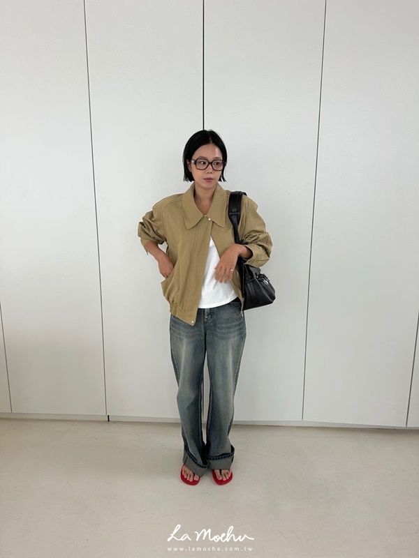 弧形口袋墊肩夾克外套